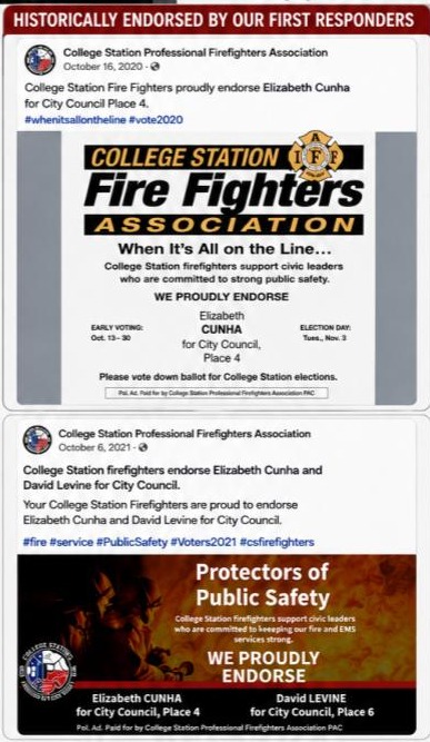 College Station Professional Firefighters Association Endorsements of Elizabeth Cunha (2020 and 2021)